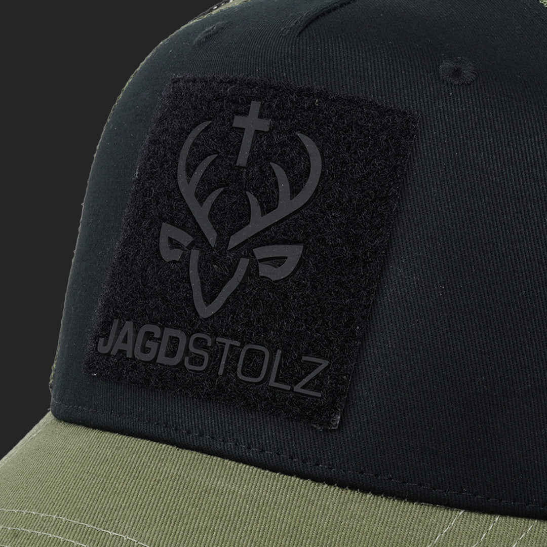 Jagdstolz Trucker Cap Schwarz/Oliv Patch Hirsch