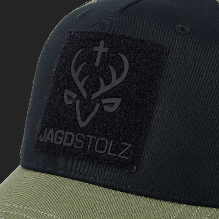 Jagdstolz Trucker Cap Schwarz/Oliv Patch Hirsch