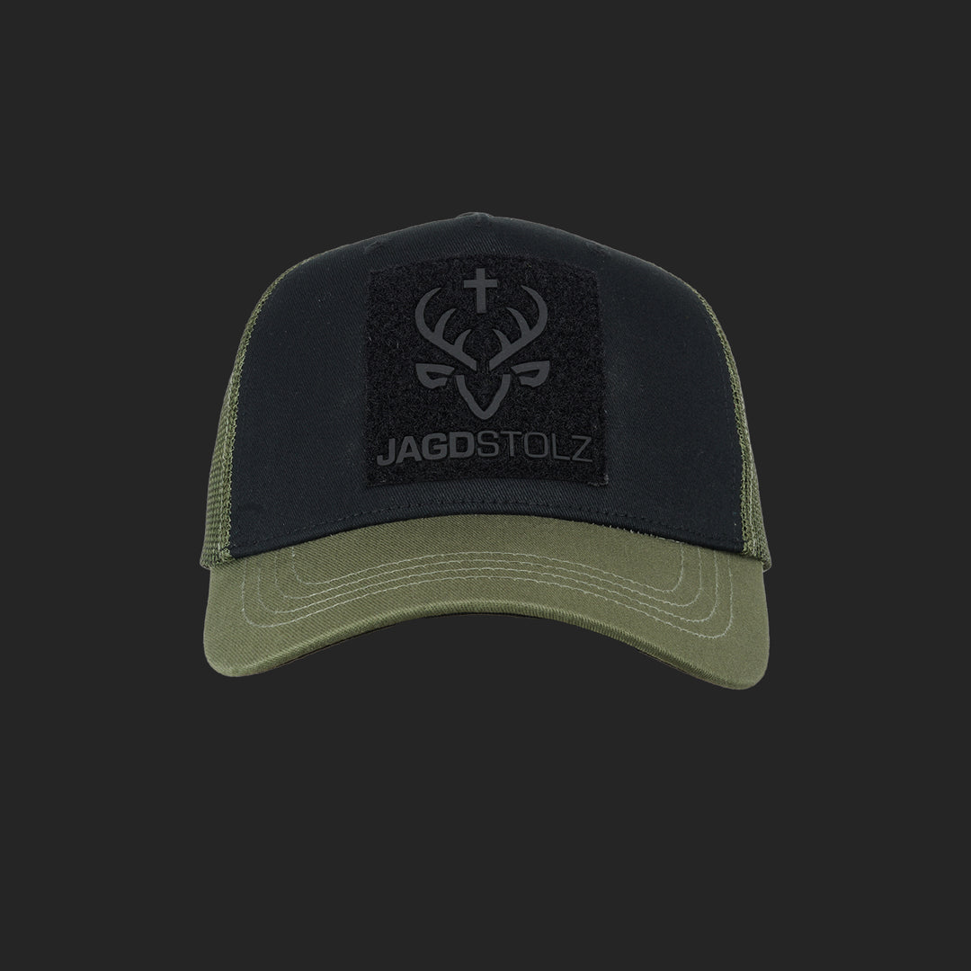 Jagdstolz Trucker Cap Schwarz/Oliv Patch Hirsch