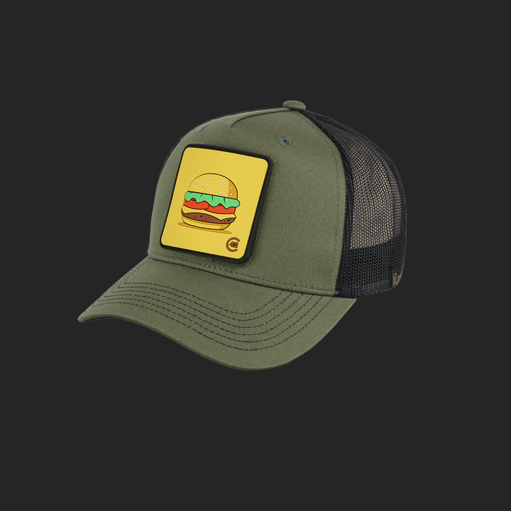 Jagdstolz Trucker Cap Oliv/Schwarz Patch Cheeseburger