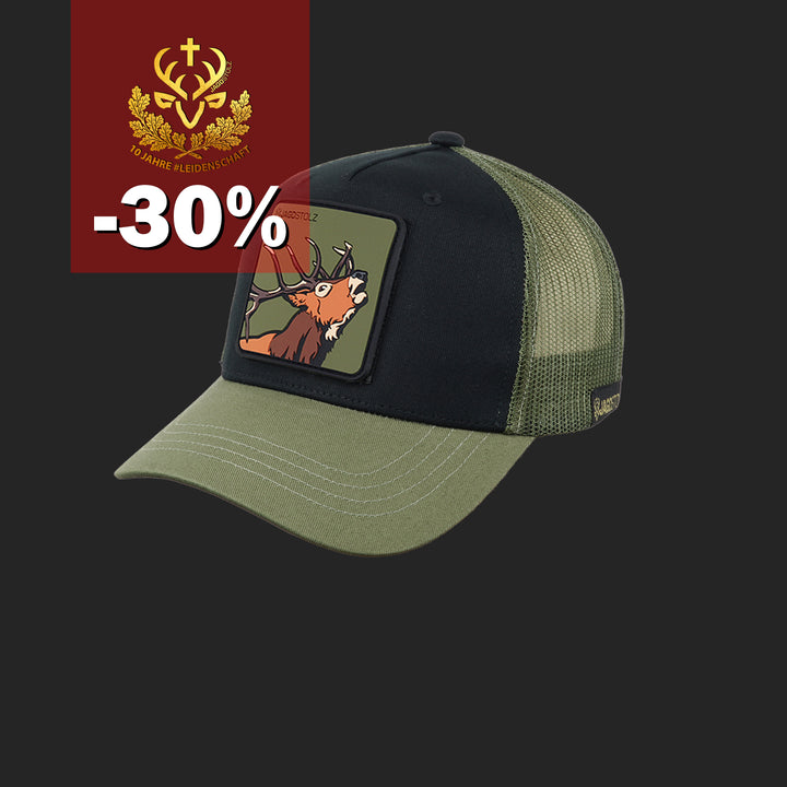 Jagdstolz Trucker Cap Schwarz/Oliv Patch Hirsch