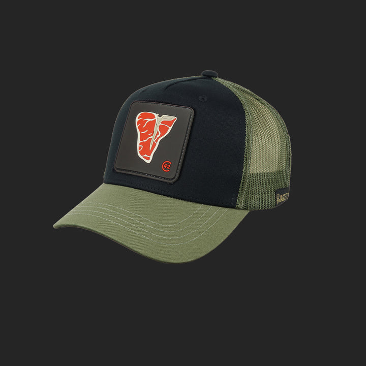 Jagdstolz Trucker Cap Schwarz/Oliv Patch T-Bone Steak
