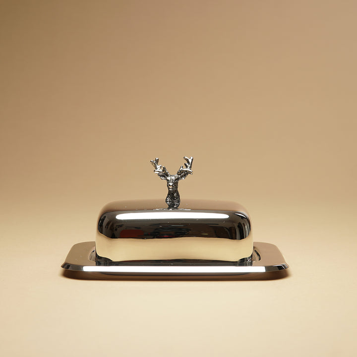 Edzard Butterdose Hirsch, Hirsch-Figur, edel versilbert, mit Glasschale und Buttermesser