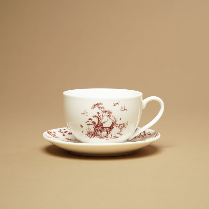 Clayre & Eef Porzellantasse mit Untertasse Beige Rot Wildmotiv