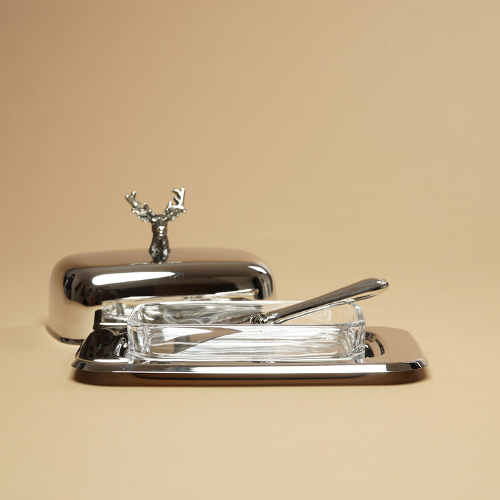 Edzard Butterdose Hirsch, Hirsch-Figur, edel versilbert, mit Glasschale und Buttermesser