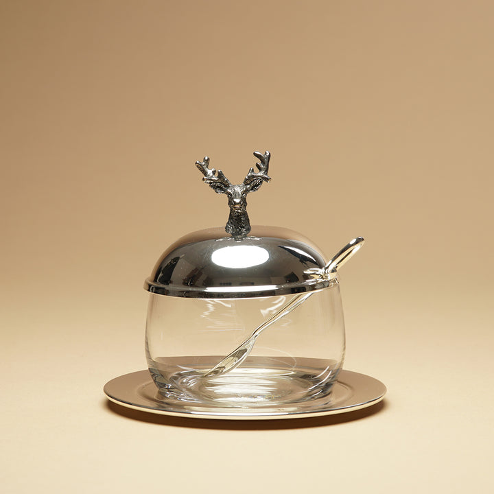 Edzard Marmeladenglas/Zuckerglas Hirsch mit Untersetzer und Löffel, edel versilbert