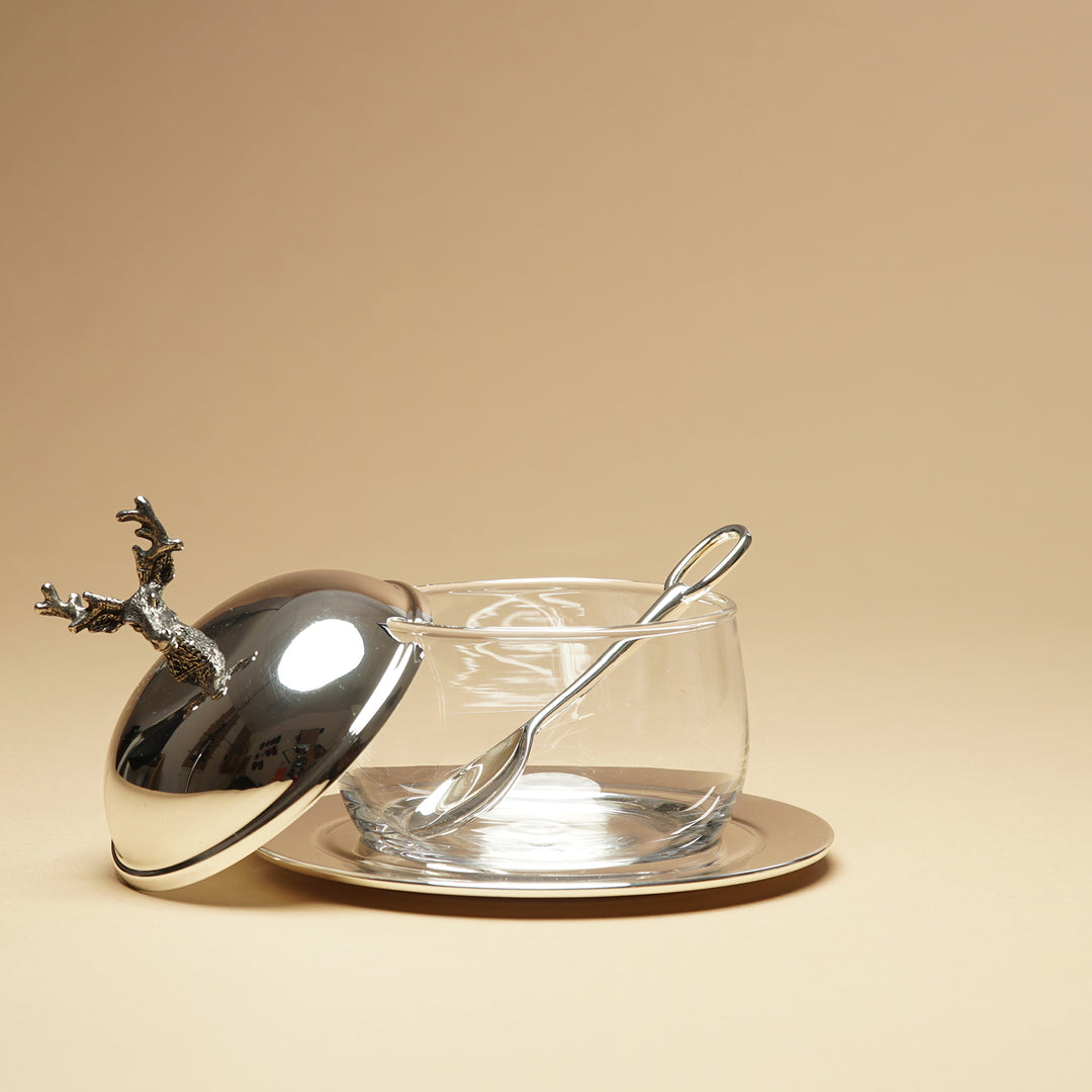 Edzard Marmeladenglas/Zuckerglas Hirsch mit Untersetzer und Löffel, edel versilbert