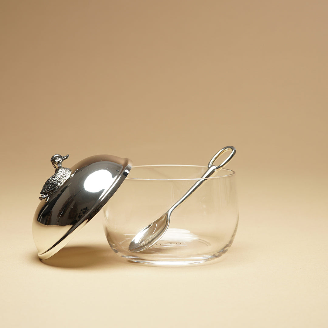 Edzard Marmeladenglas Ente, Enten-Figur, mit Löffel, edel versilbert
