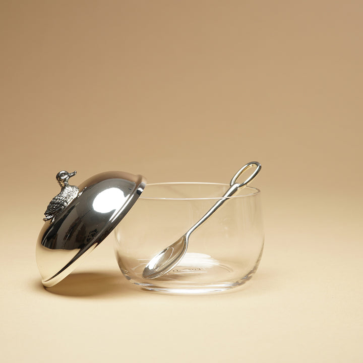 Edzard Marmeladenglas Ente, Enten-Figur, mit Löffel, edel versilbert